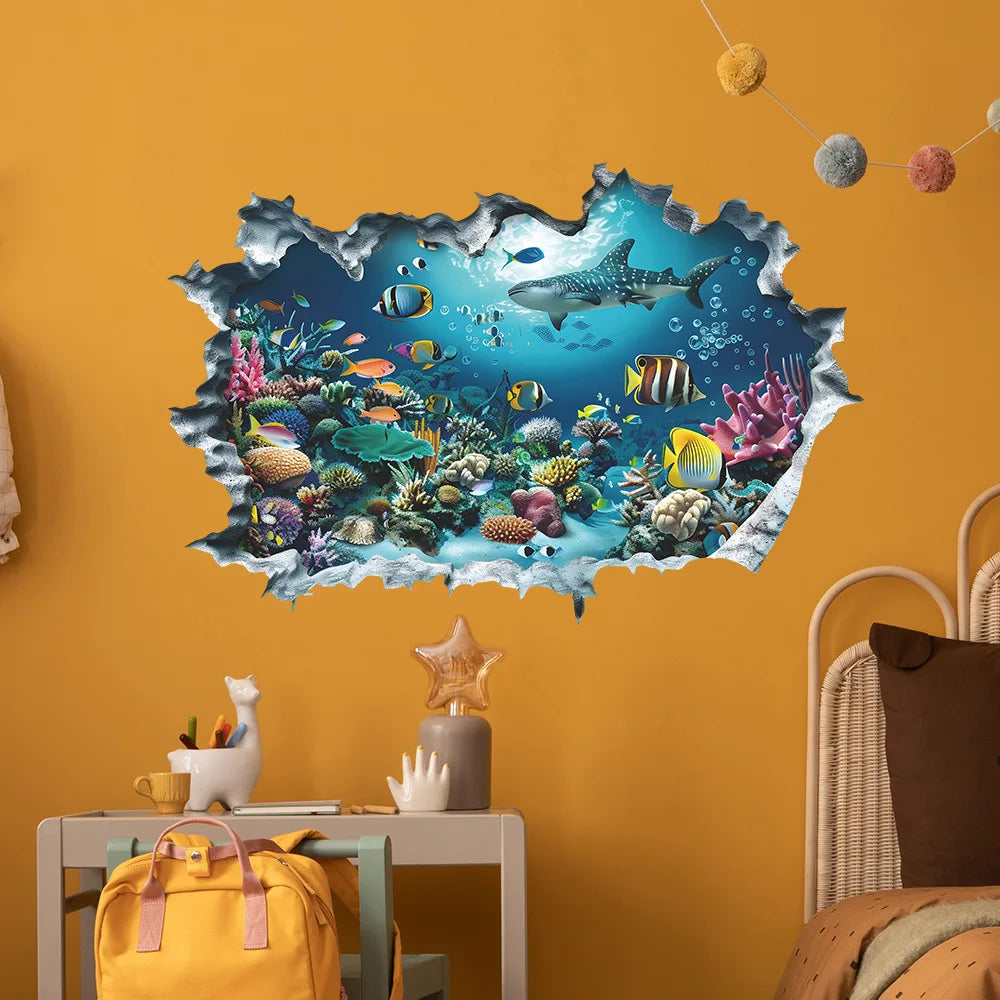 3D Shark Wall Stickers for Kids Room | Ocean Aquarium Broken Wall Decals