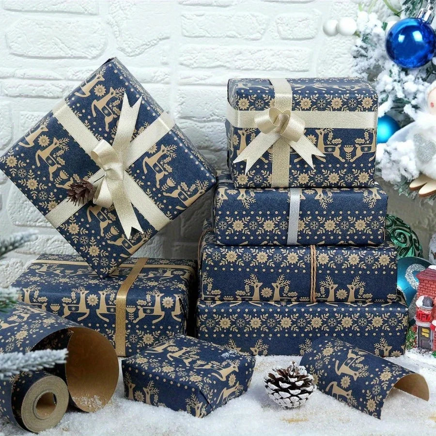 Navy Blue Kraft Christmas Wrapping Paper Roll | Snowflake, Floral and Reindeer Design
