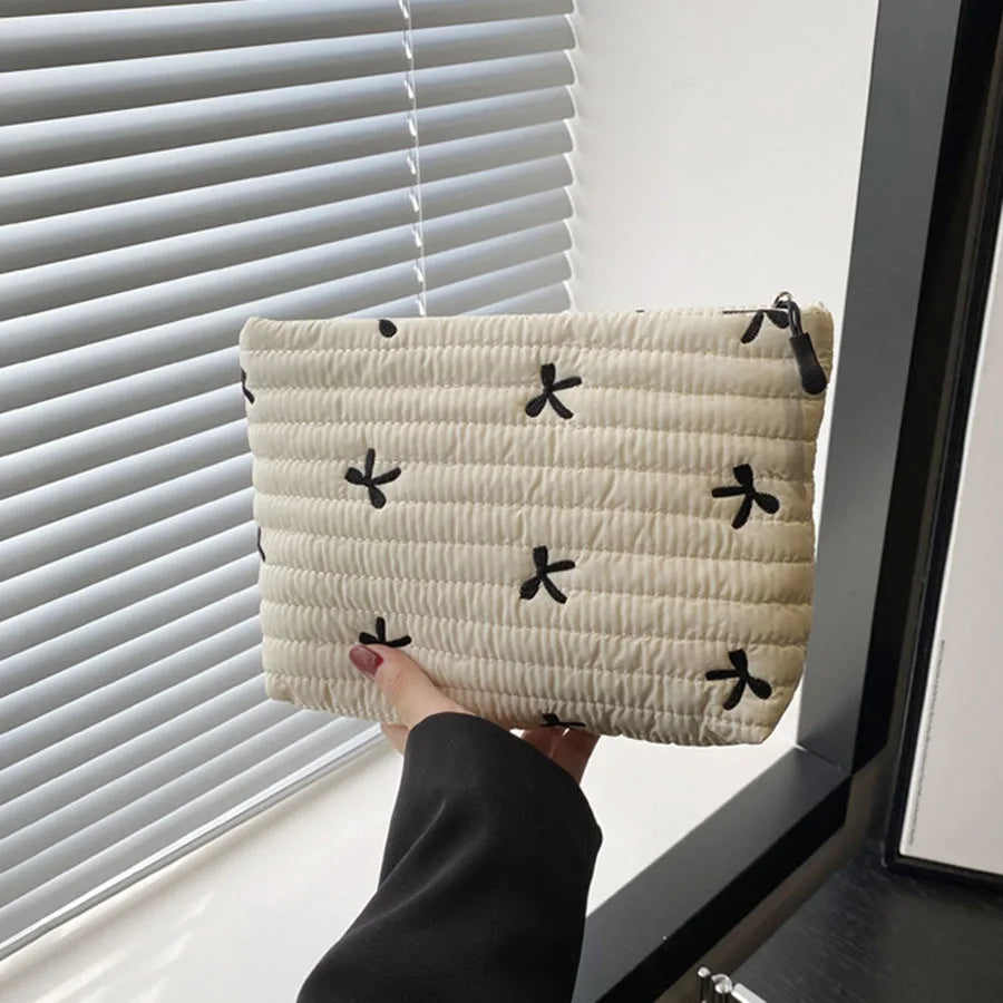Large Capacity Embroidered Bow Cosmetic Case | Cute Zipper Makeup Bag