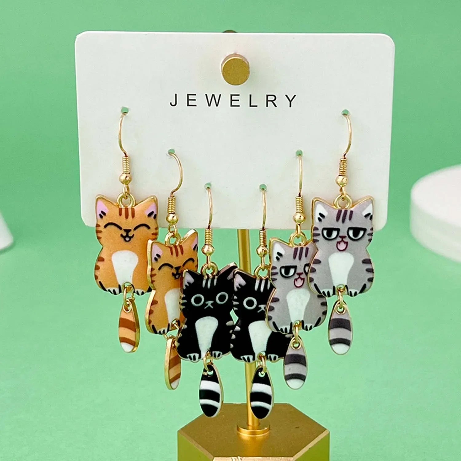 Fashionable Enamel Cat Earrings Set | 3 Pairs Cute Cartoon Drop Earrings for Women and Girls