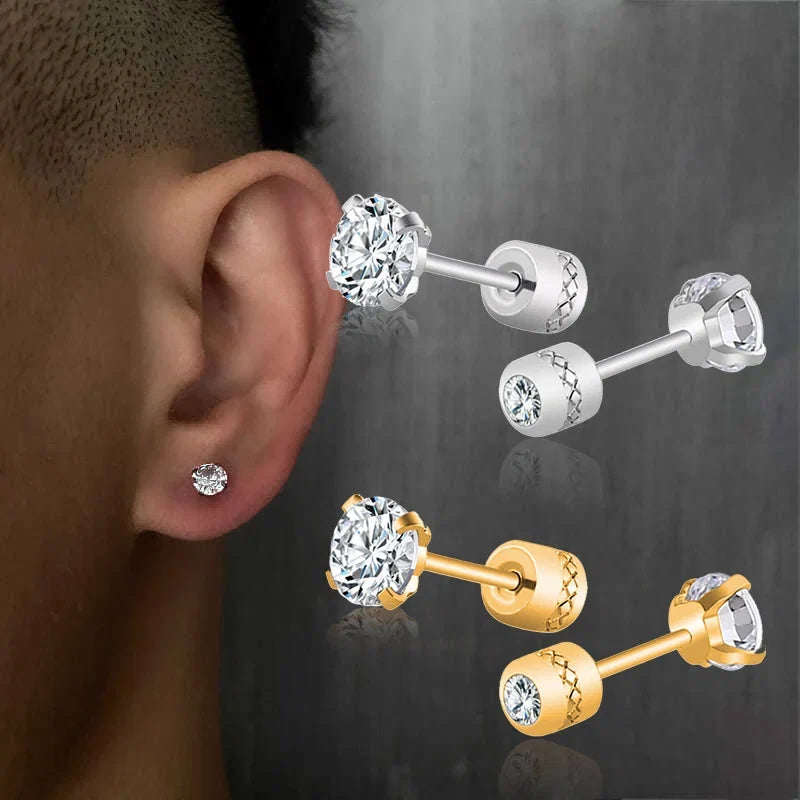 1Pair Stainless Steel Crystals Stud Earrings | Classic Screw-Back Jewelry
