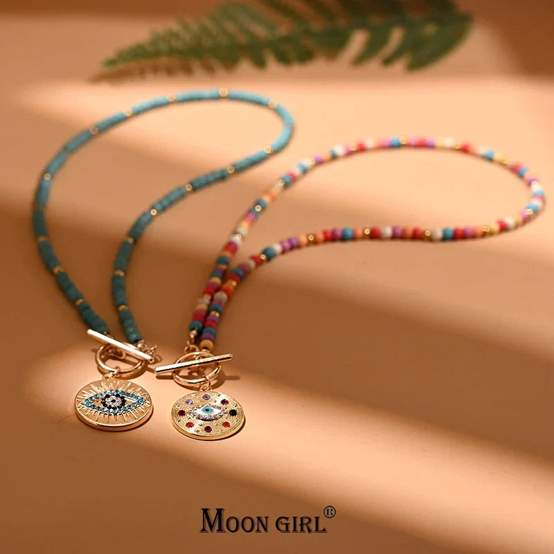 4mm Colorful Stone Choker Necklace for Women | Round Evil Charm Pendant
