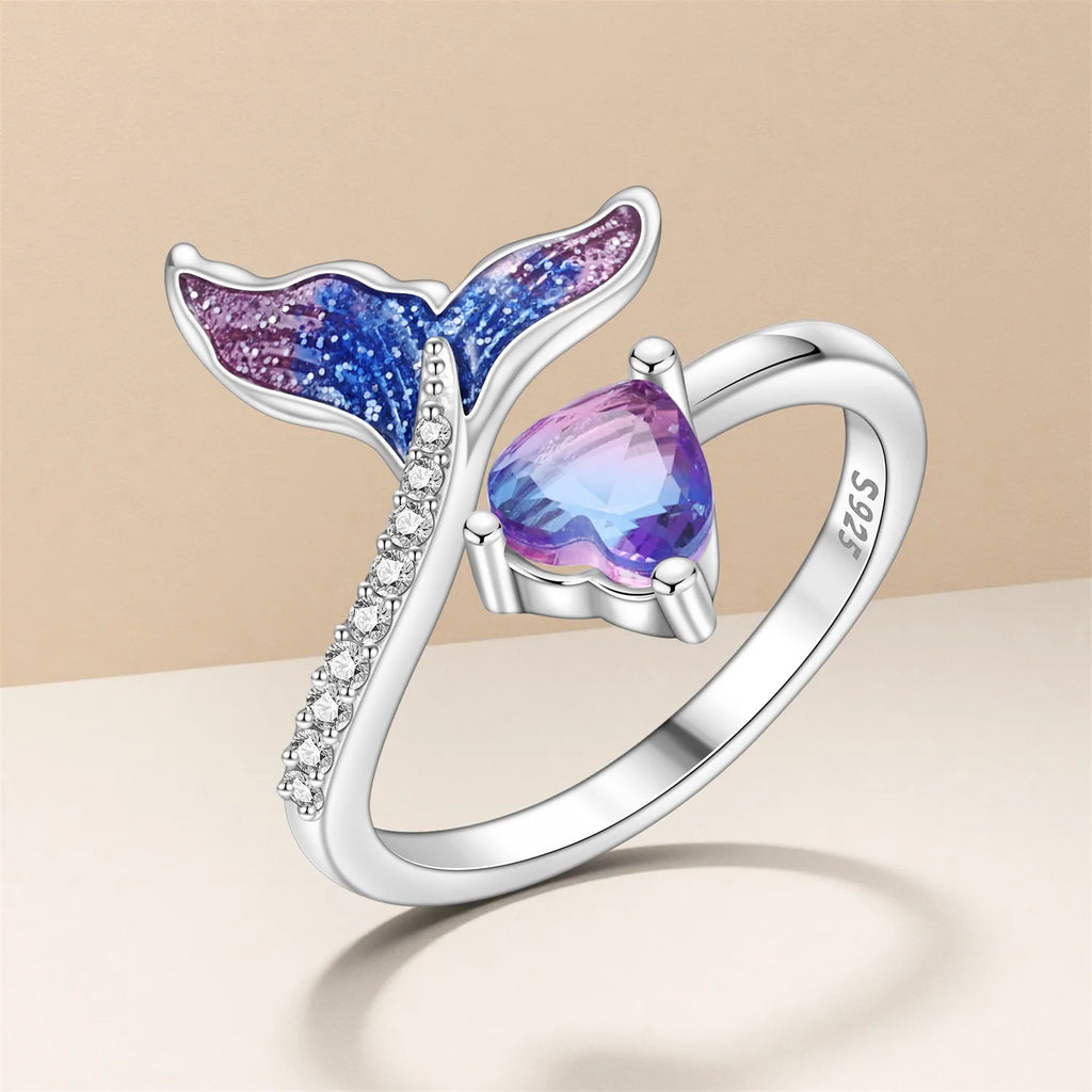 925 Sterling Silver Open Ring Adjustable Mermaid Heart Zircon Ring | Women's Fine Jewelry
