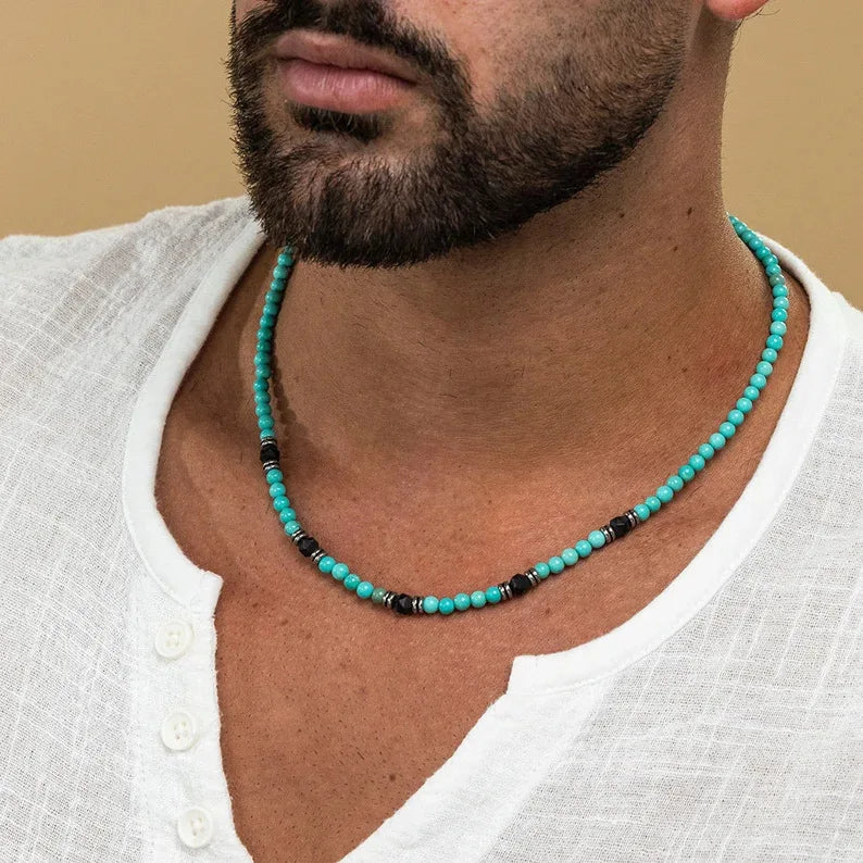 Synthetic Turquoise Necklace for Men | Natural Stone Mini Beads Summer Beach Bohemian Jewelry
