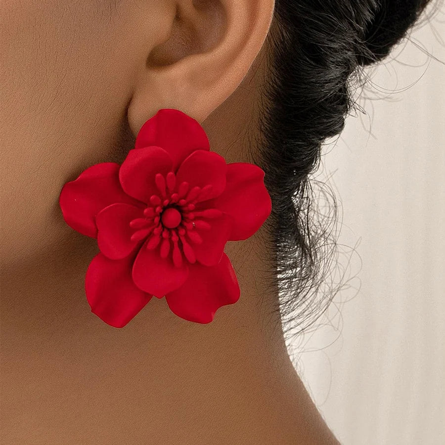 Obega Red Flower Stud Earrings | Bohemian Statement Metal Earrings for Women