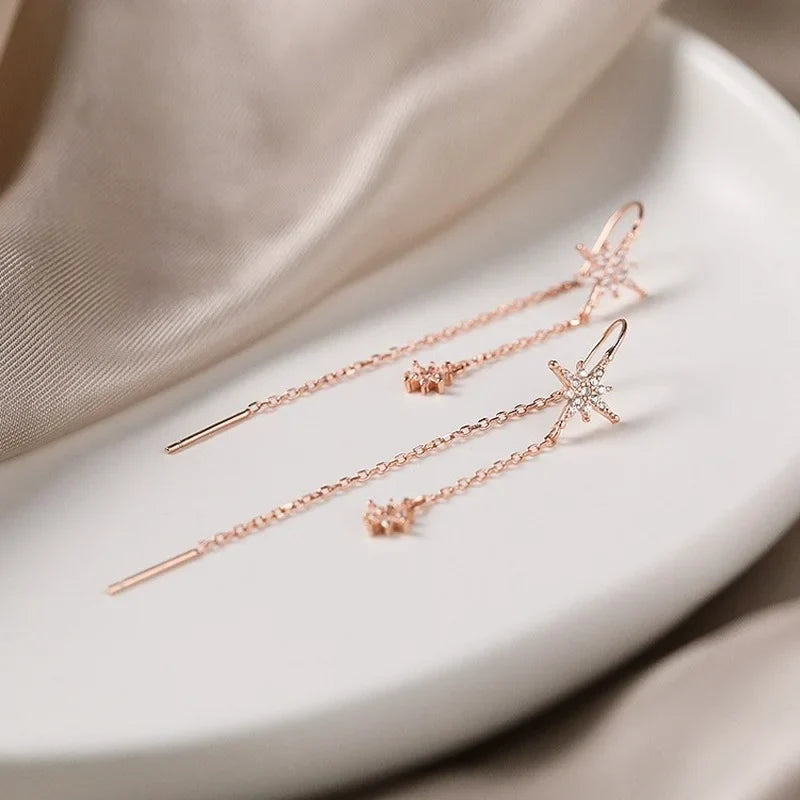 Silver Star Zircon Drop Earrings | Elegant Tassel Earrings for Women