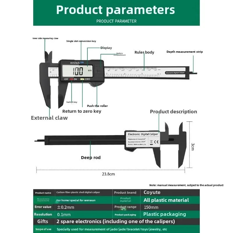 Digital Caliper 150mm LCD Display | Carbon Fiber Electronic Measuring Tool