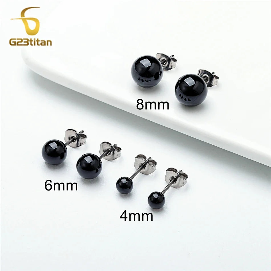 Black Agate Titanium Stud Earrings | Hypoallergenic Round Onyx Ear Lobe Jewelry for Women and Men