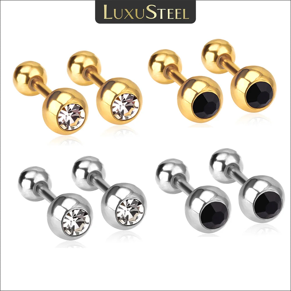 LUXUSTEEL White Black Crystal Earrings | Stainless Steel Round CZ Studs with Screw Back