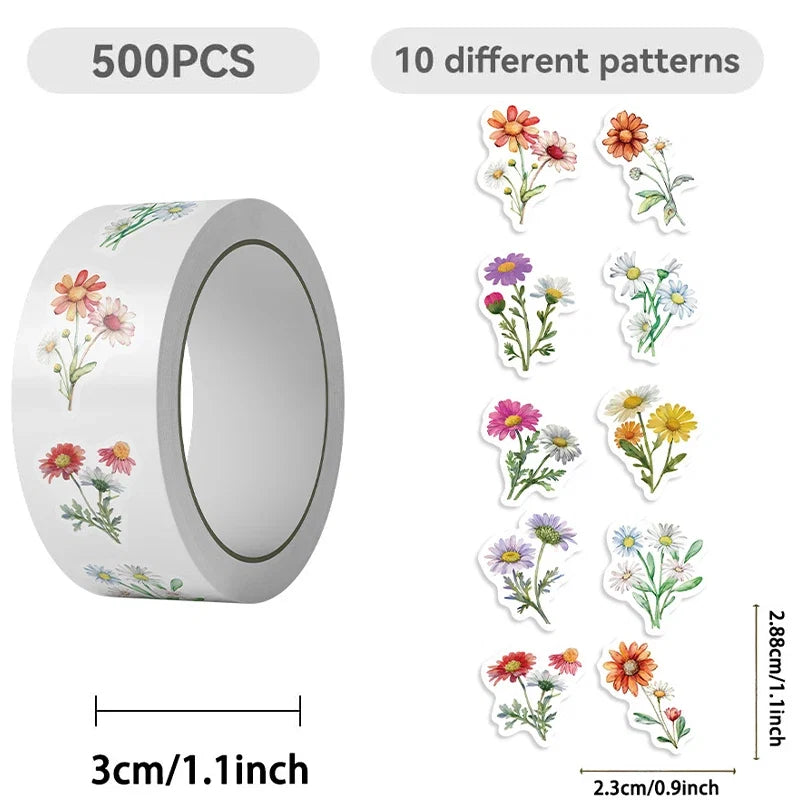 500PCS Daisy Stickers Roll | Cute Flower Decals for Water Bottles and Scrapbooking