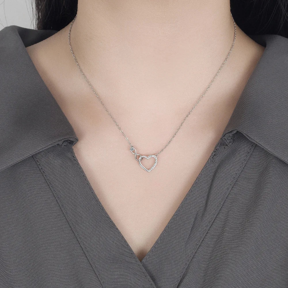 925 Sterling Silver Zircon Heart Interlocking Necklace | Retro Chain for Women