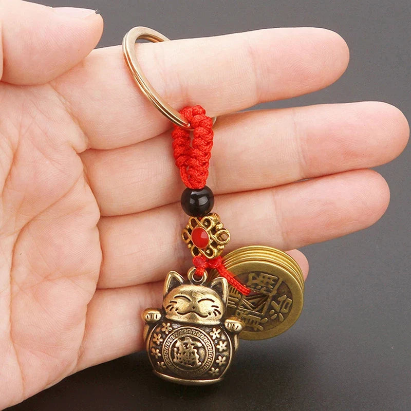 Handmade Brass Feng Shui Coins Keychain | Lucky Cat Car Keychain with Five Emperors Money