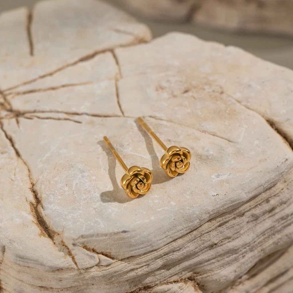 Rose Flower Stud Earrings | 18K Gold Plated Stainless Steel Daily Jewelry for Women