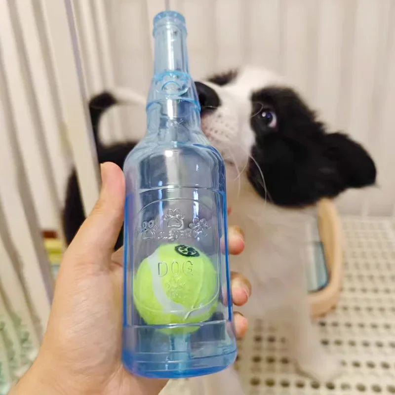 Interactive Dog Chew Toy | Squeaky Silicone Beer Bottle with Tennis Ball