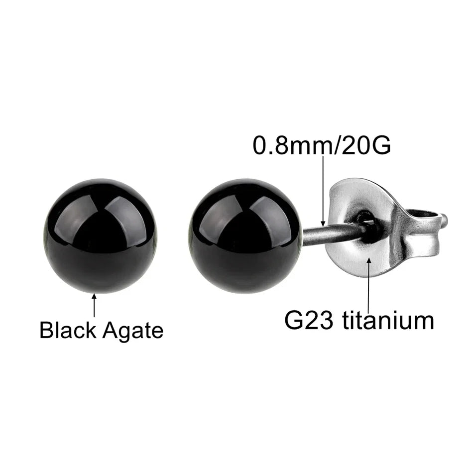 Black Agate Titanium Stud Earrings | Hypoallergenic Round Onyx Ear Lobe Jewelry for Women and Men