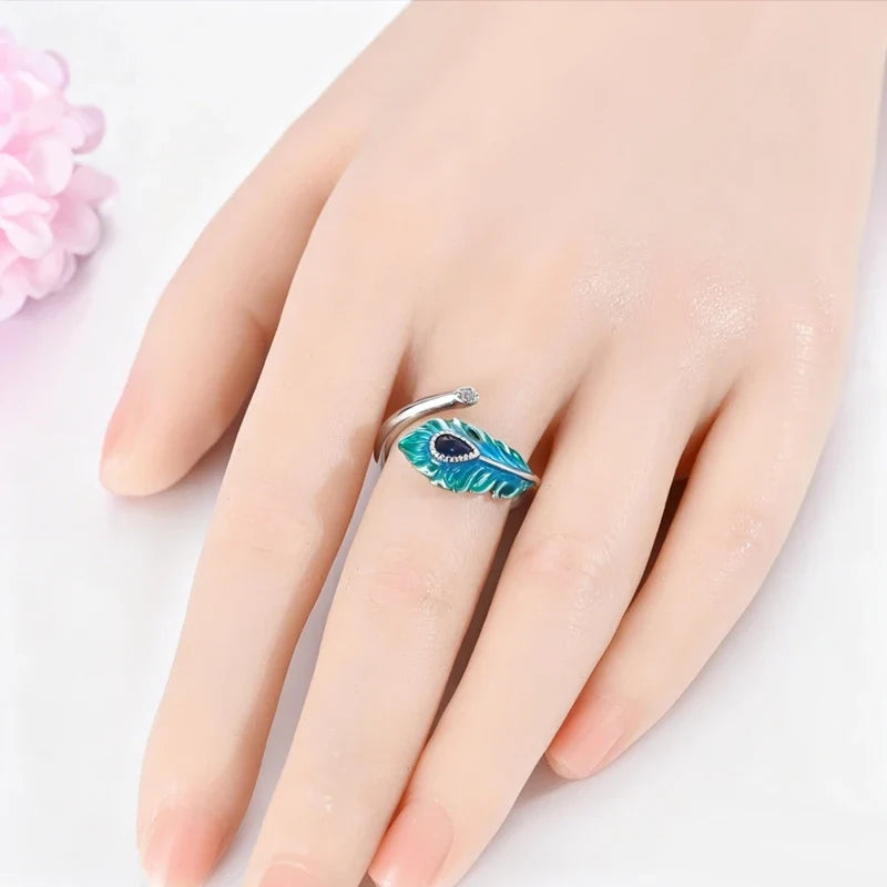 925 Sterling Silver Malachite Green Open Ring | Peacock Feather Adjustable Ring for Women