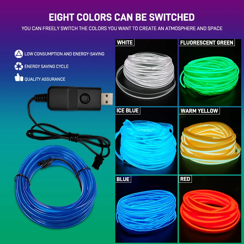 Car Interior EL Wire Neon Strip Lights | DIY Flexible Atmosphere LED Lamp for Dashboard