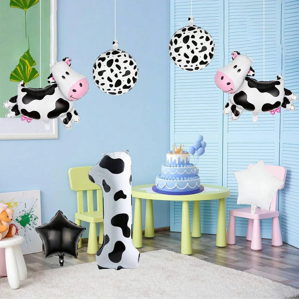 7pcs Cow Print Number Balloon Set | Farm Animal Birthday Party Decoration