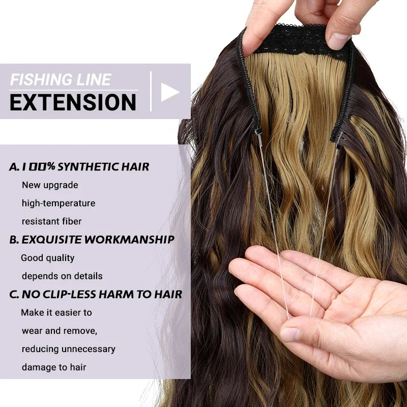 Long Synthetic Fishing Line Hair Extensions Elegant Water Wave Curly Styles for Women | Lightweight Fluffy-Looking Hairpiece