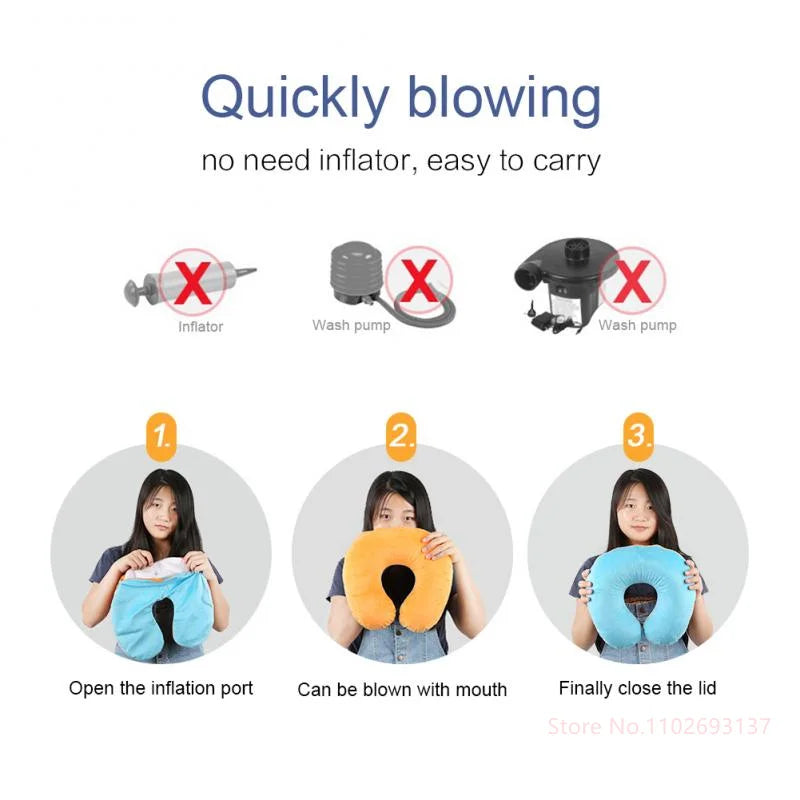 U Shaped Inflatable Neck Pillow | Fun Travel Cushion with Frog Strawberry Rainbow Design