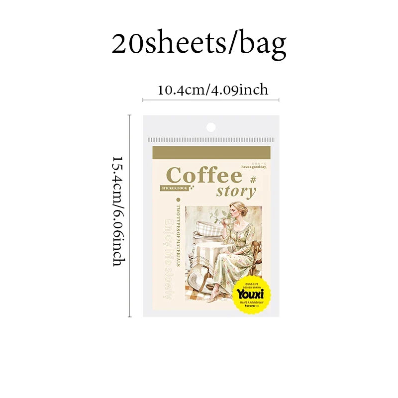 Coffee Sticker Book for DIY Scrapbooking | 20pcs Cafe Story Series