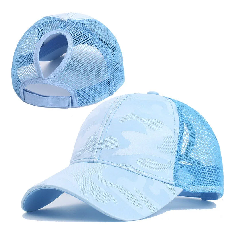 Camouflage Mesh Trucker Hat for Women | Snapback Cap with Ponytail Hole