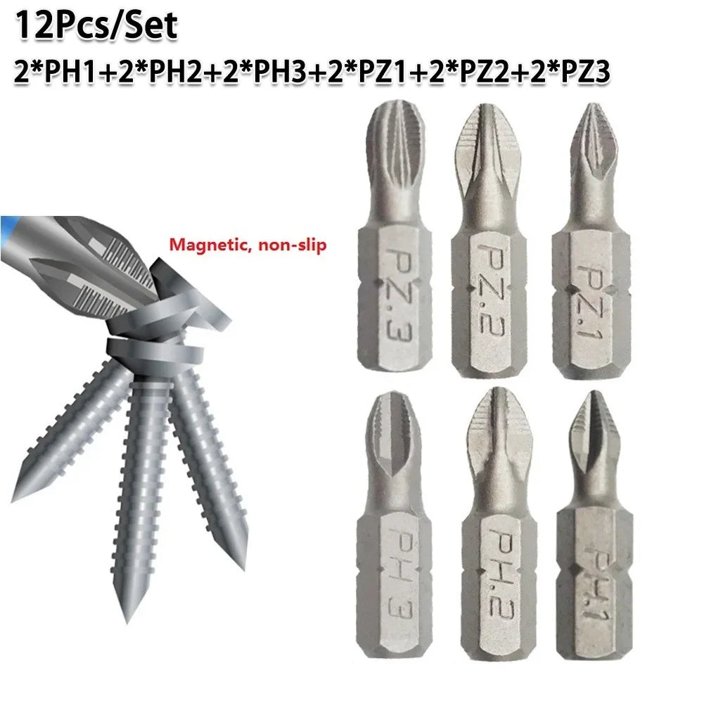25mm Cross Bits Set | Hex Shanked Anti-Slip Magnetic Screwdriver Bits