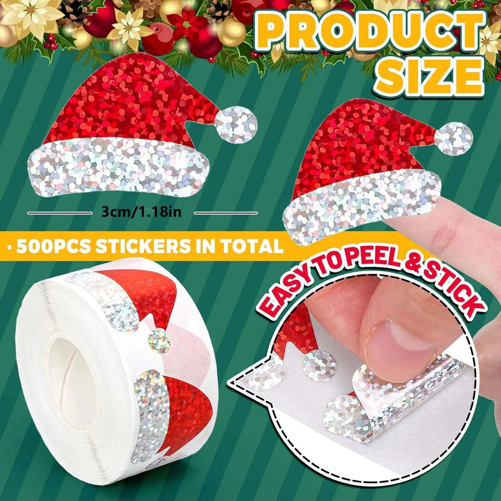 500Pcs Christmas Hat Stickers Roll | Laser Red Santa Hat Seal Stickers for Envelopes and Party Decor