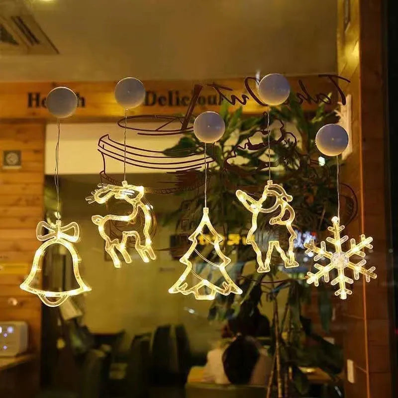 Christmas Window Decor LED Lights | Snowflake Tree Star Deer Sucker Lights for Xmas