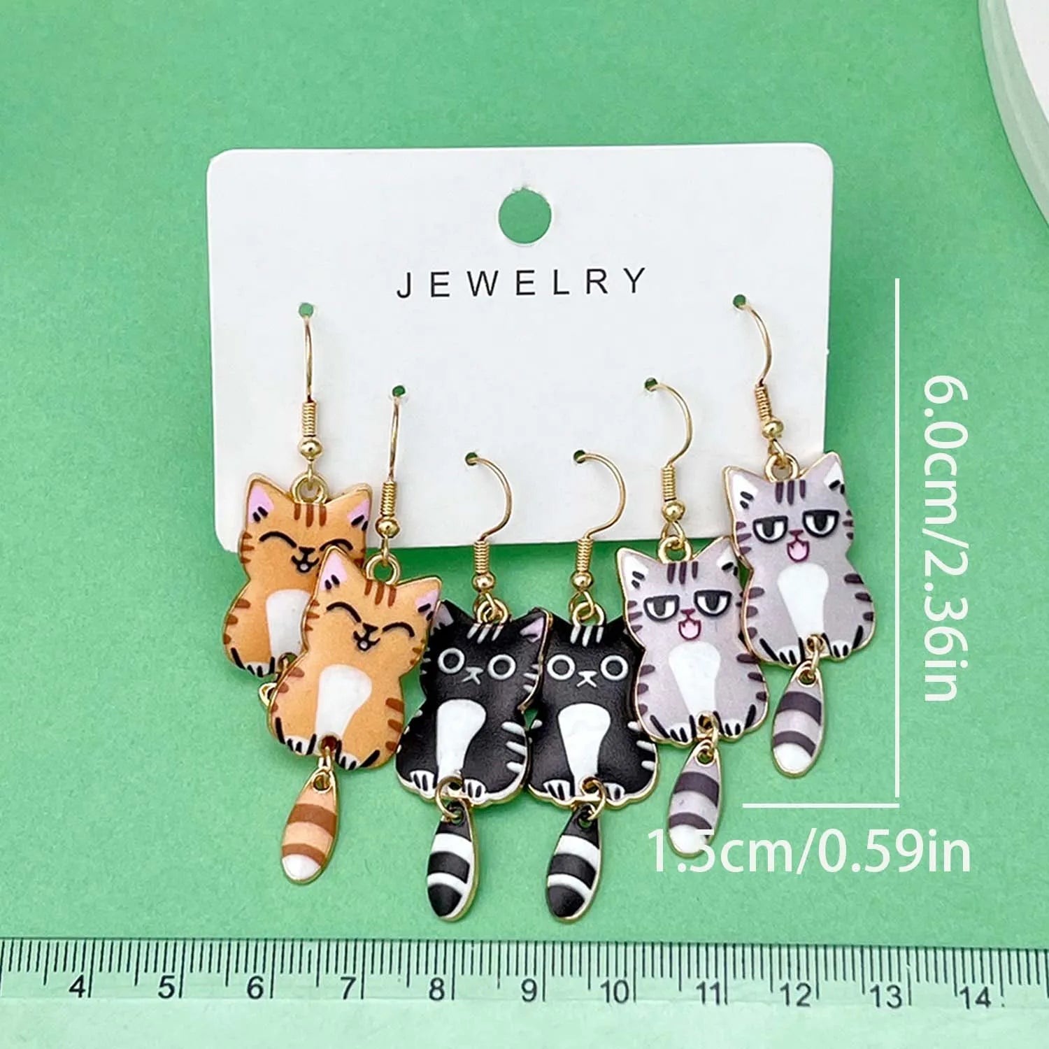 Fashionable Enamel Cat Earrings Set | 3 Pairs Cute Cartoon Drop Earrings for Women and Girls