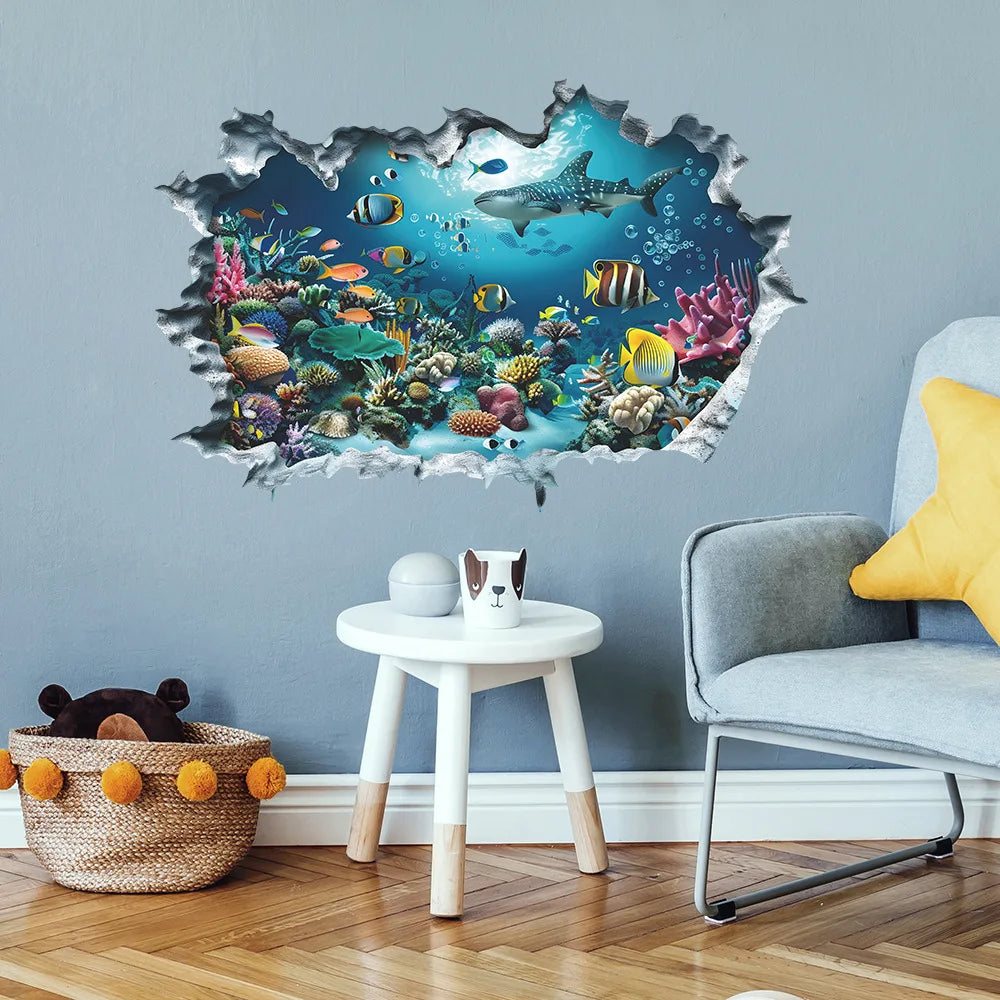 3D Shark Wall Stickers for Kids Room | Ocean Aquarium Broken Wall Decals