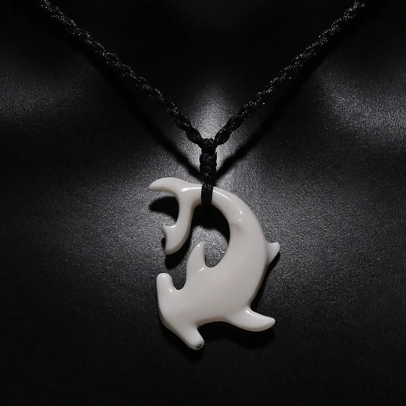 Tribal Hammerhead Shark Bone Pendant Necklace | Hand Carved Maori Amulet Jewelry
