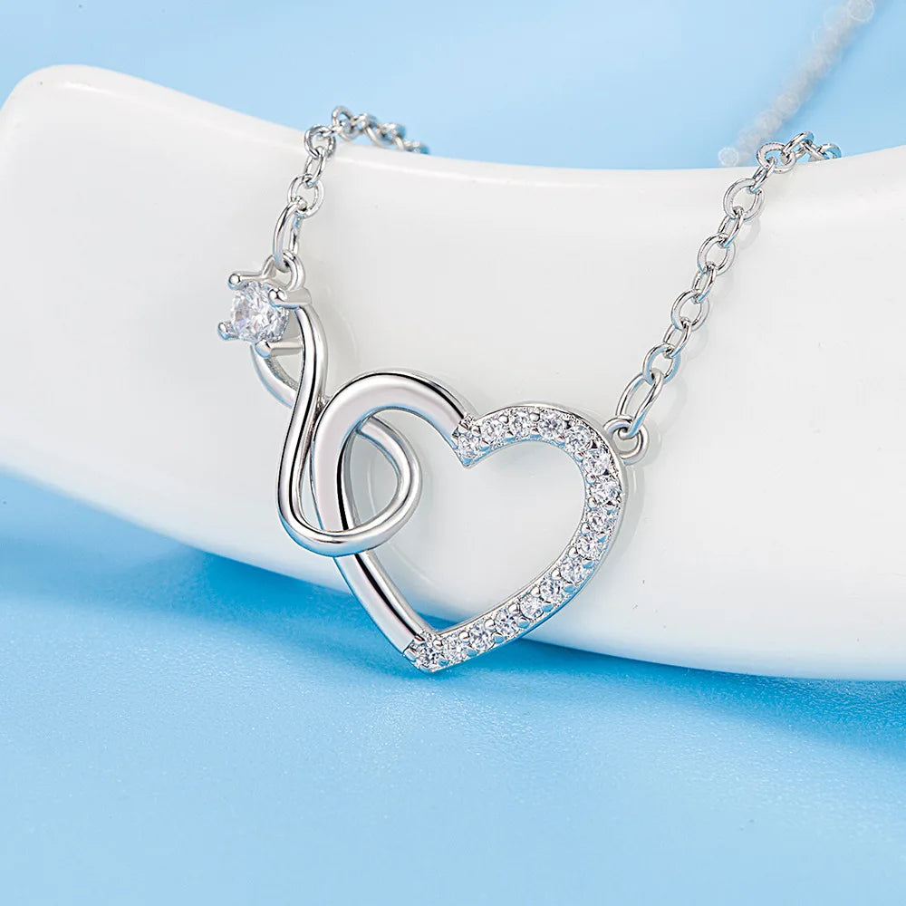 925 Sterling Silver Zircon Heart Interlocking Necklace | Retro Chain for Women