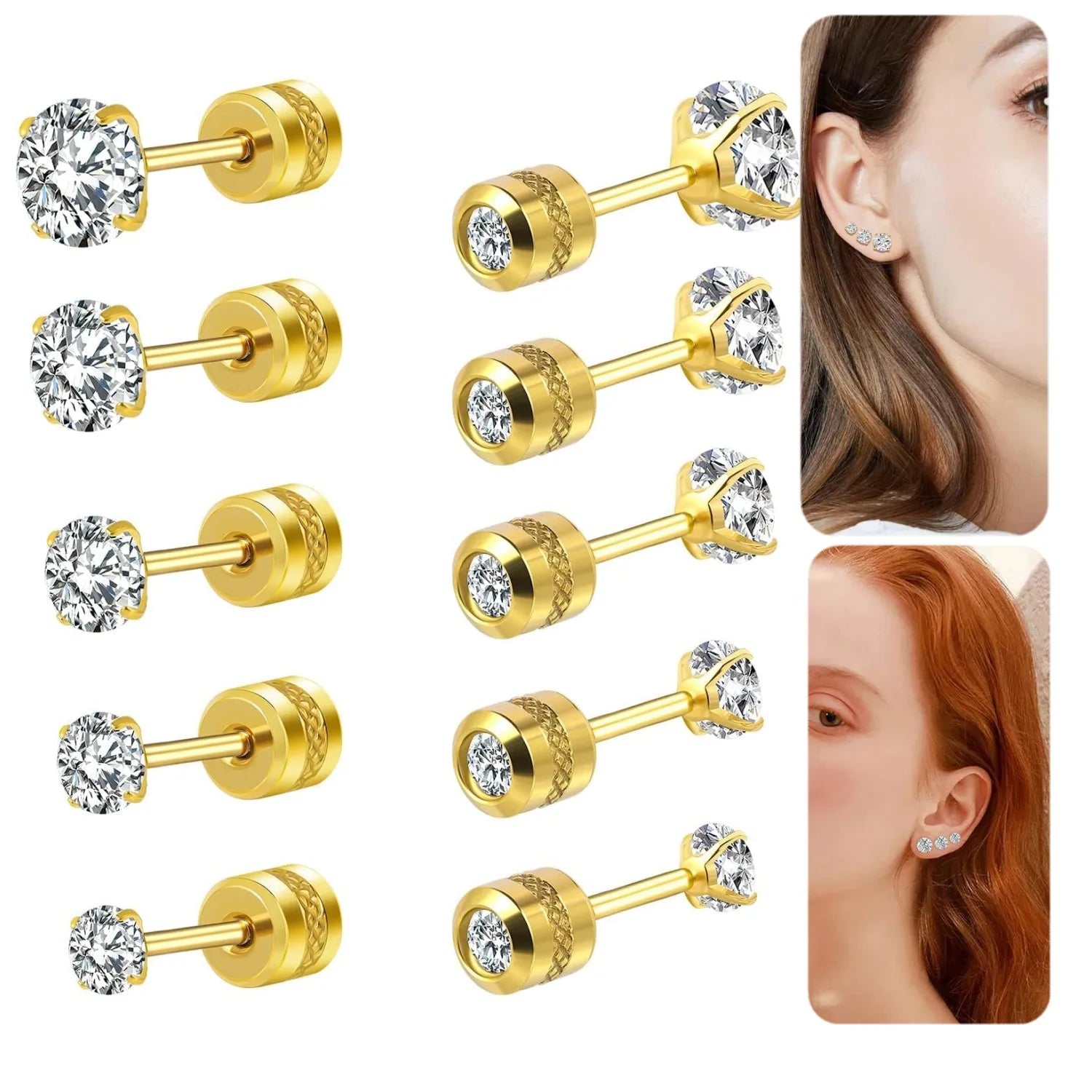6 Pairs Screw Back Stud Earrings Set | Surgical Stainless Steel Double Sided Round CZ Earrings for Women Men