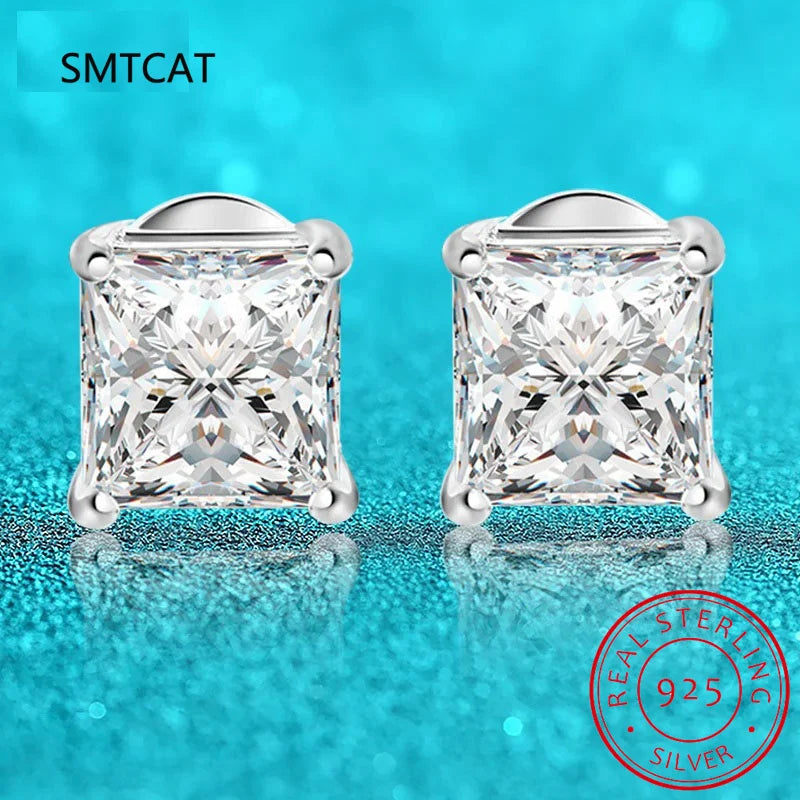 Moissanite Stud Earrings 925 Sterling Silver | VVS Simulated Diamond Princess Cut