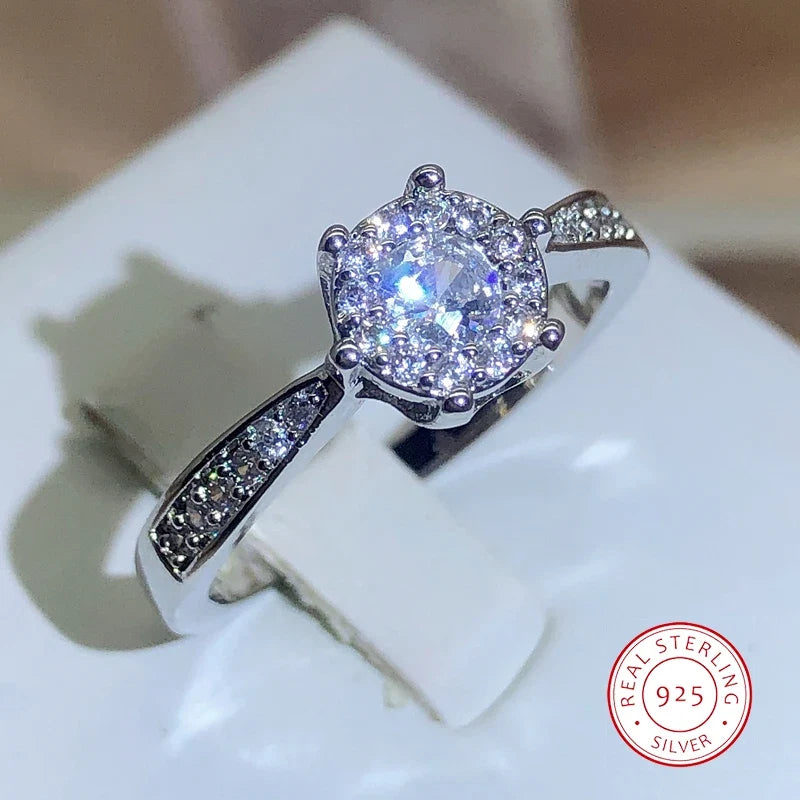 Sterling Silver 925 Six-Claw Zircon Ring | Classic Cocktail Jewelry