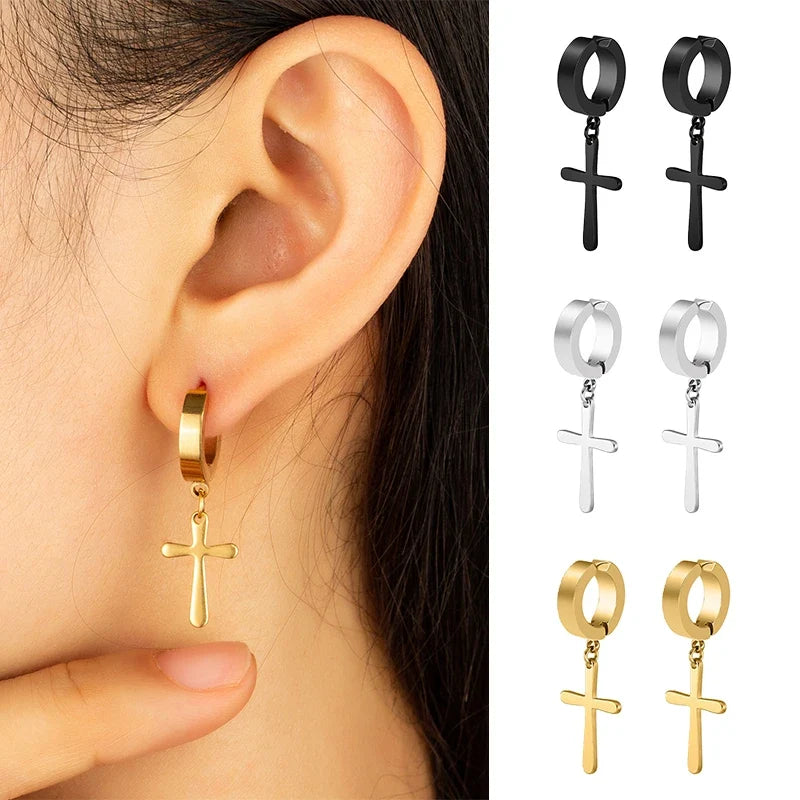 Punk Cross Stars Clip On Earrings | No Piercing Stainless Steel Ear Cuffs for Women Men