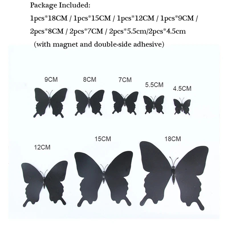 12Pcs/set 3D Black Pteris Butterfly Wall Sticker Set | Magnetic Decorations