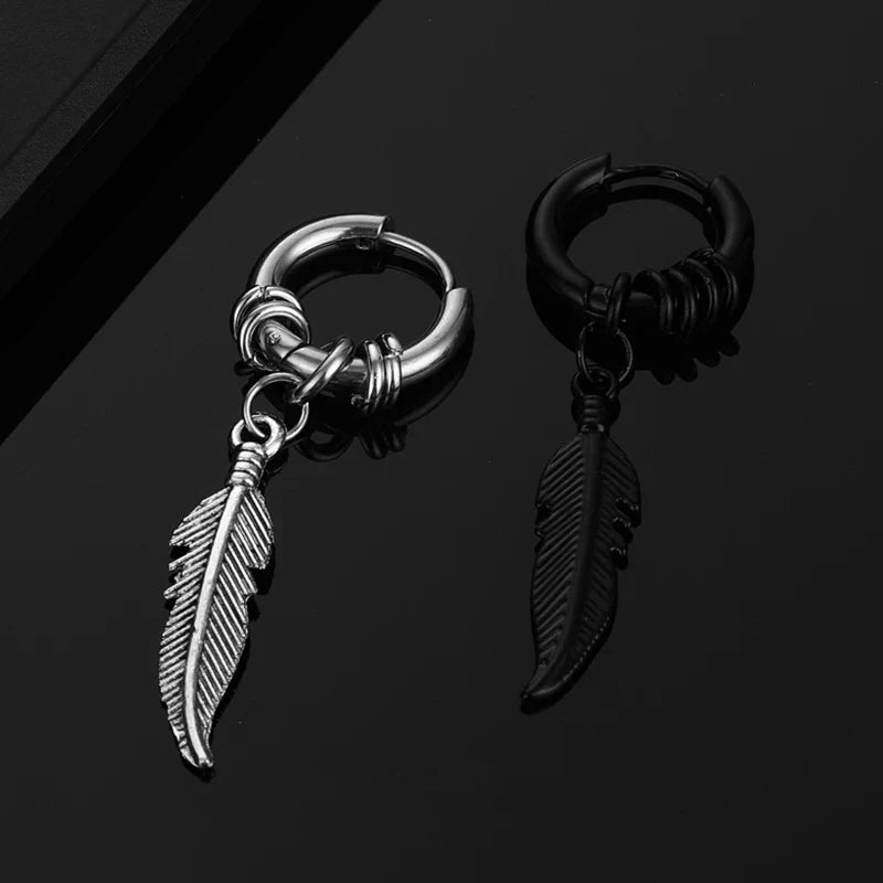 2pc Punk Cross Feather Stud Earrings | Unisex Stainless Steel Hoop Earrings