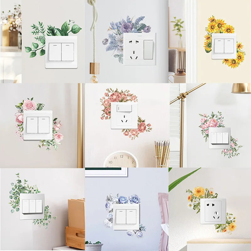 Green Leaves Plant Wall Stickers | Self-Adhesive Tropical Switch Decals for Home Decor