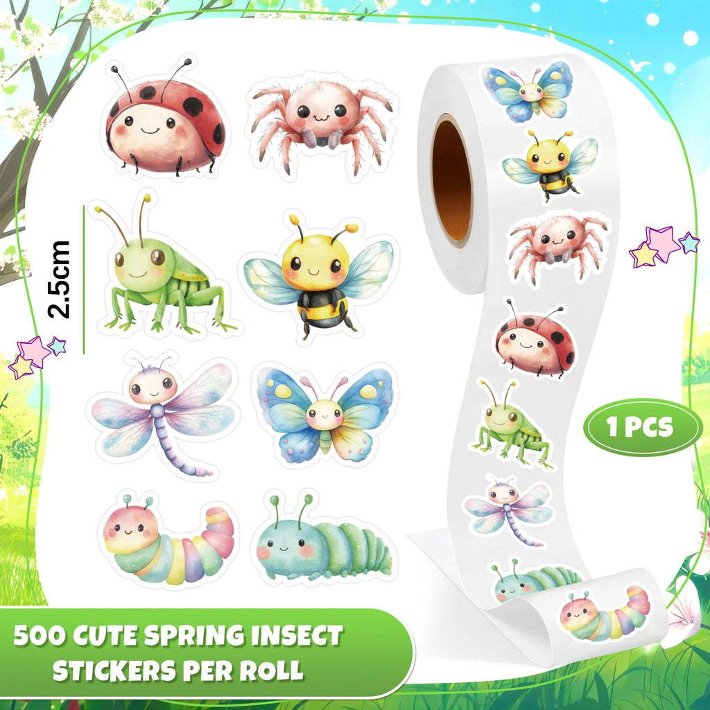 1 Roll Spring Insect Stickers Decal Reward Cute Office Supplies Incentives Animals Sticker Christmas Party Favor, 500 Pcs 1inch