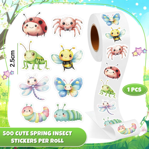 1 Roll Spring Insect Stickers Decal Reward Cute Office Supplies Incentives Animals Sticker Christmas Party Favor, 500 Pcs 1inch