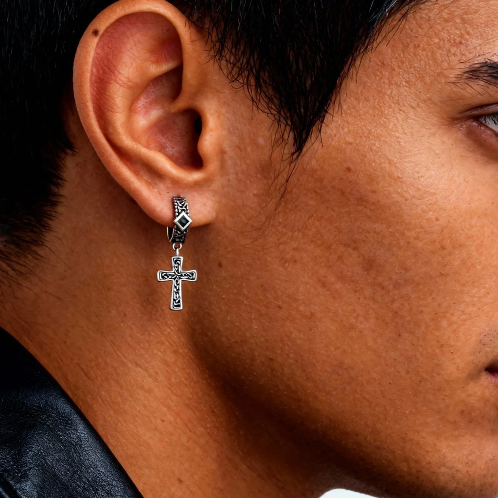 Vintage Celtic Knot Cross Hoop Earrings for Men | Anti Allergy Black Square Zircon Drop Earrings
