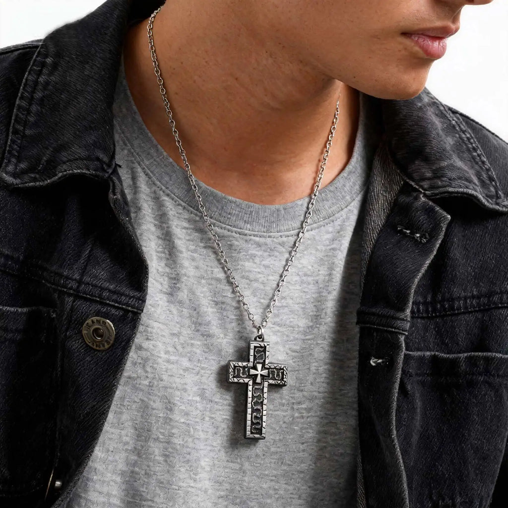 Punk Cross Pendant Necklace for Men | 3D Vintage Openable Metal Pendant