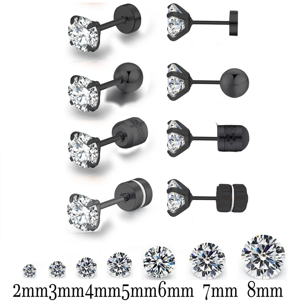 Black Round Cubic Zirconia Stud Earrings | Stainless Steel Hypoallergenic Fashion Earrings