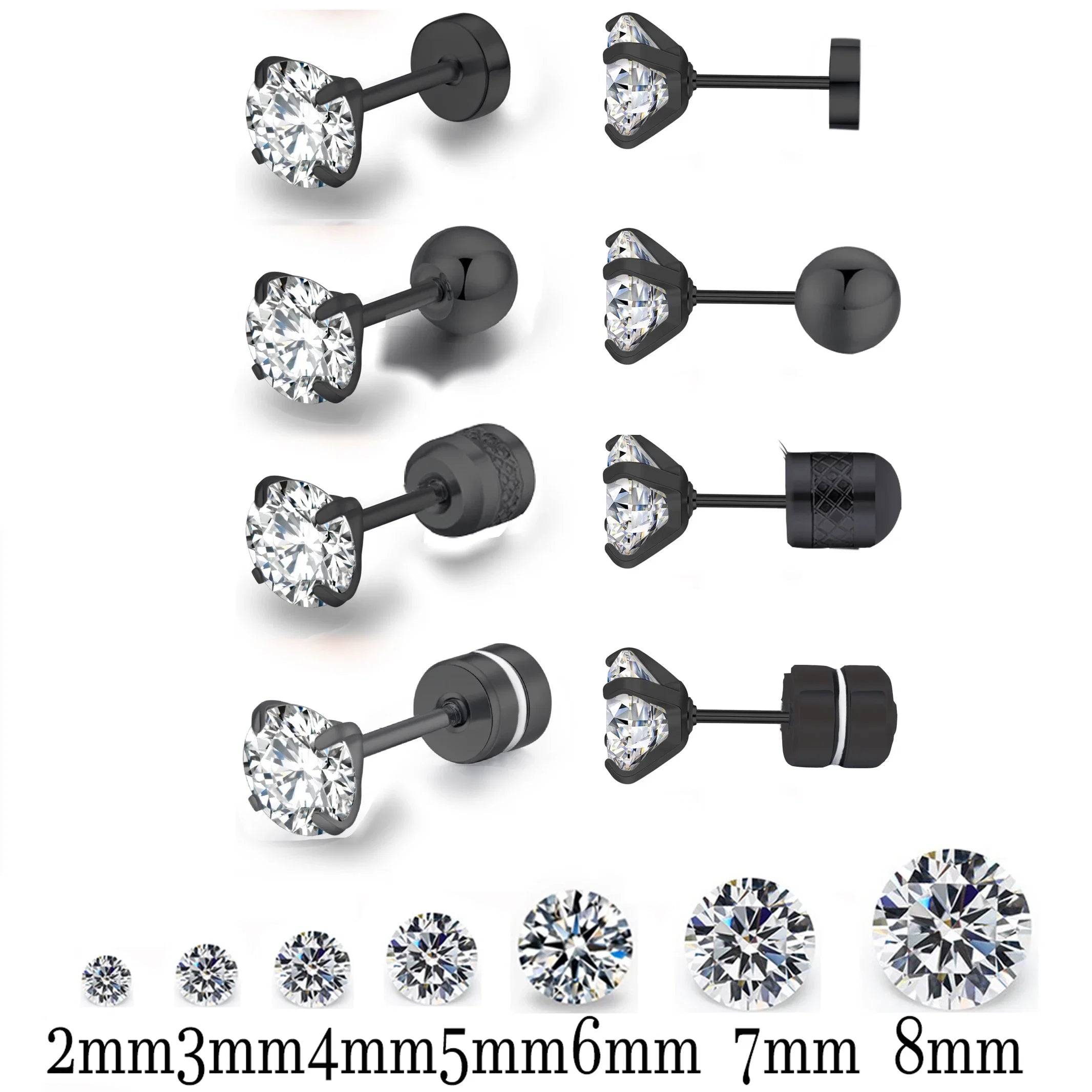 Black Round Cubic Zirconia Stud Earrings | Stainless Steel Hypoallergenic Fashion Earrings