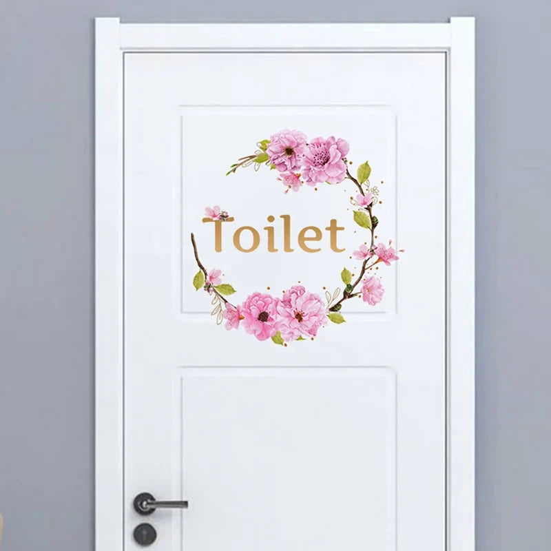 Flower Toilet Door Wall Stickers | Elegant Bathroom Decor Signs