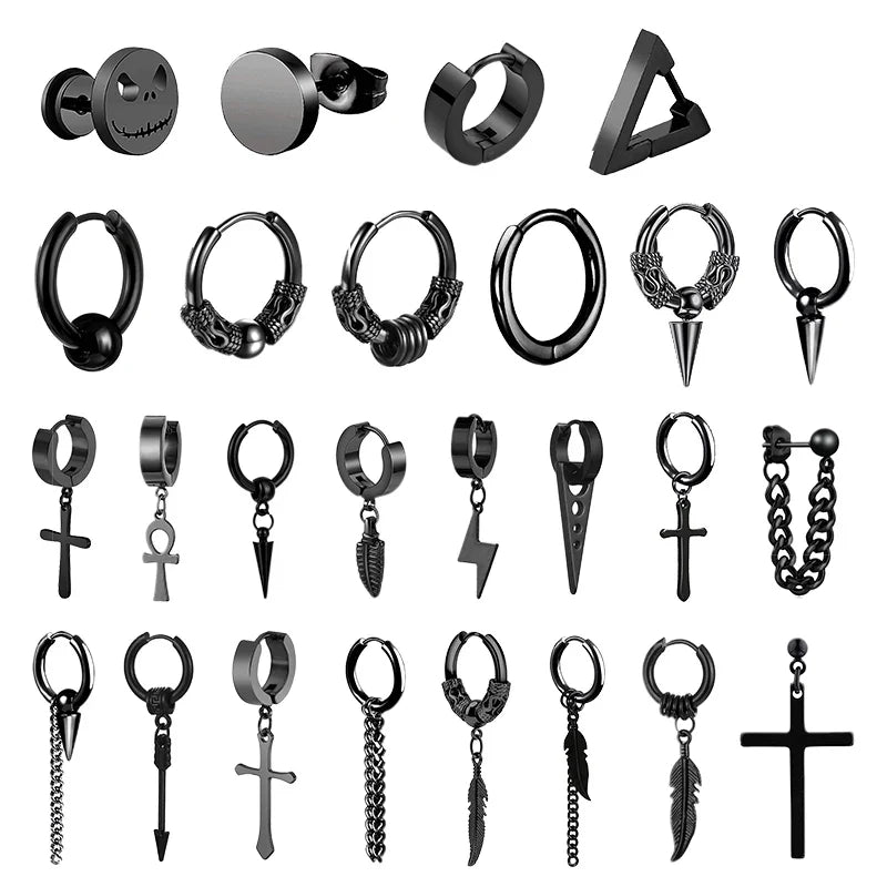 Vintage Punk Stainless Steel Stud Earrings for Men Women | 1 Pair Black Earrings Set