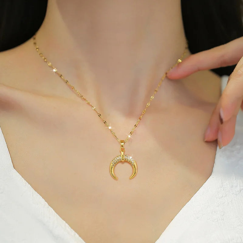 Crescent Moon Pendant Necklace | Vintage Stainless Steel Choker for Women