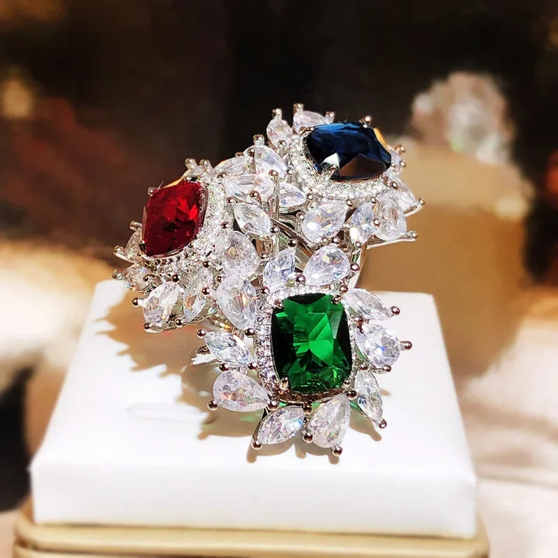 925 Silver Square Zircon Ring | Colorful Water Drop Cocktail Ring for Women
